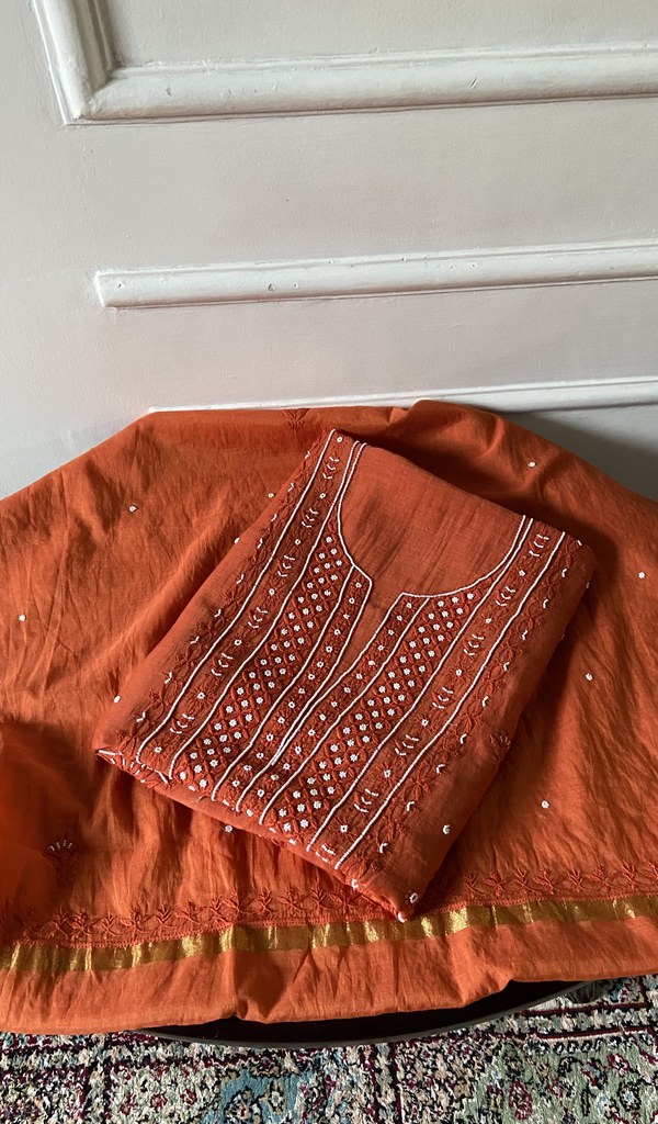 deep orange pure mul chanderi chikankari 3 pc unstitched suit set, folded