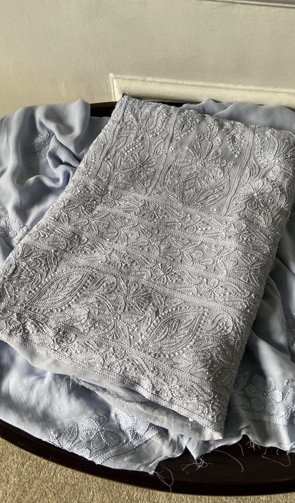 grey viscose georgette kurta piece folded, fine resham jaaldar chikankari with chhadi allover resham ch