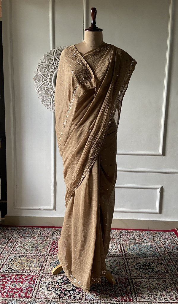 bronze pure mul chanderi chikankari saree draped on mannequin