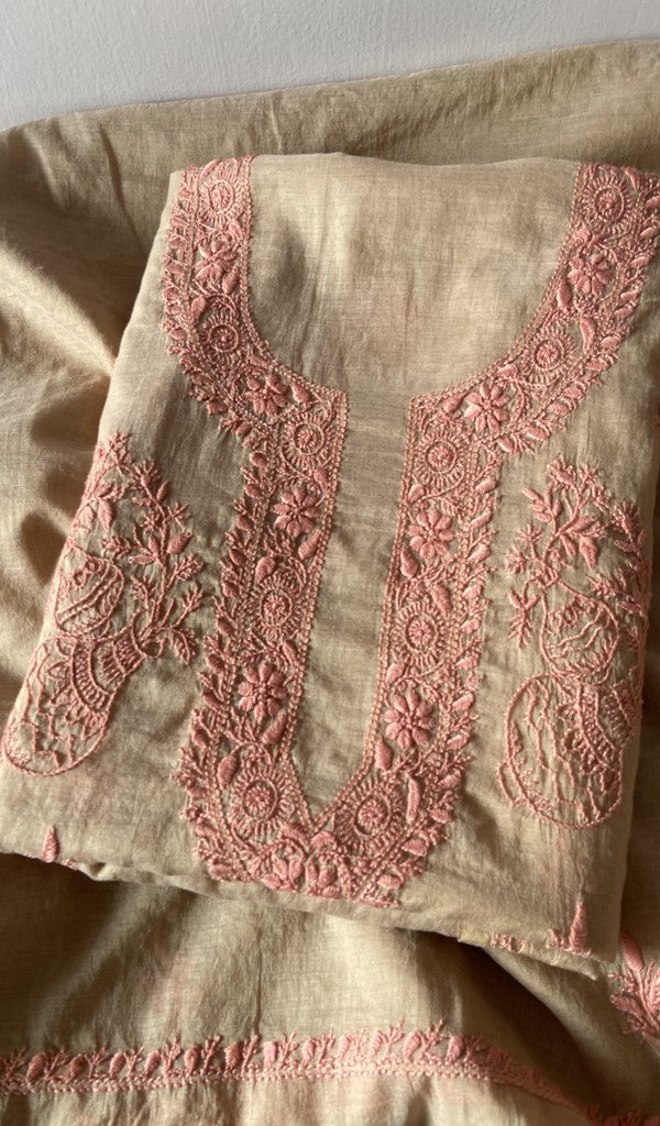 Beige pure mul chanderi kurta piece folded, fine contrast chikankari with never seen before matka motifs