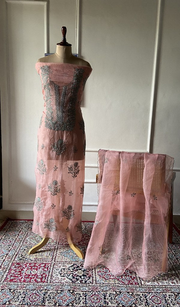 peach pure organza silk chikankari 3 pc unstitched suit set on mannequin