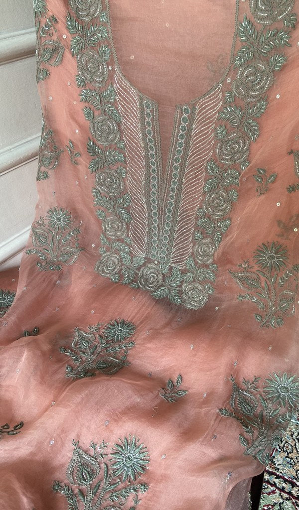 close view of the hand embroidery, peach pure organza silk