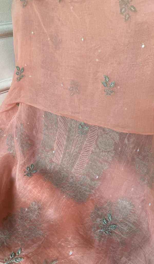 dupatta chikankari detail, peach pure organza silk