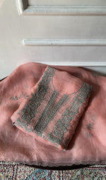 Load image into Gallery viewer, peach pure organza silk chikankari 3 pc unstitched suit set, folded