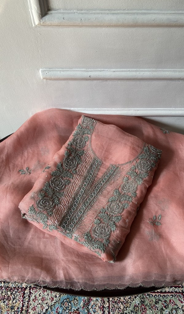 peach pure organza silk chikankari 3 pc unstitched suit set, folded