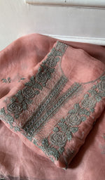 Load image into Gallery viewer, peach chikankari set folded, worked panel on top