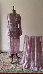 Lilac pure mul chanderi chikankari suit set on the mannequin with its dupatta
