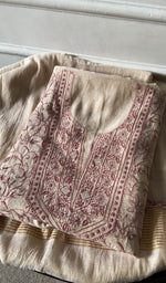 gold pure tissue chanderi kurta piece folded, fine do taar and teen taar jaaldar chikankari with zari haat
