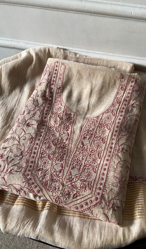 Gold Pure Tissue Chanderi Chikankari 2 Pc Unstitched Suit Set