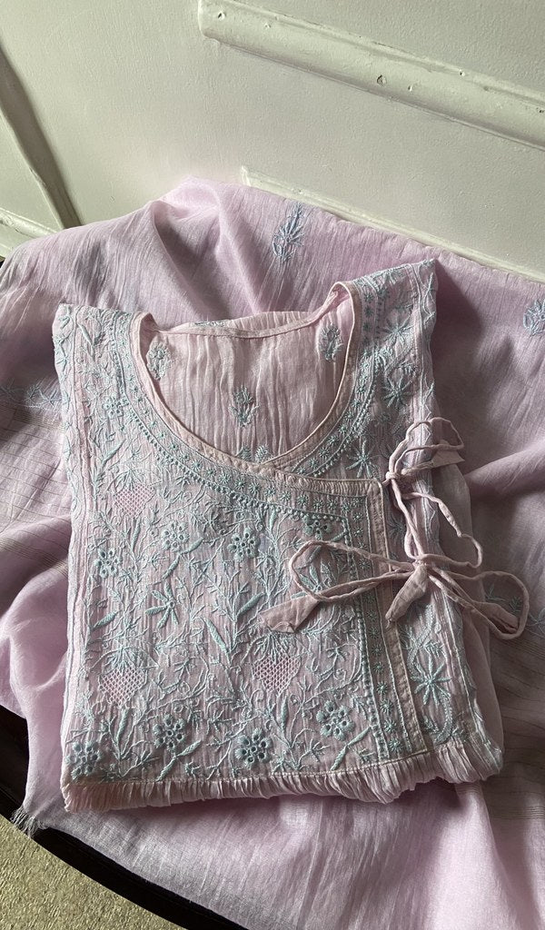 Purple pure mul chanderi kurta piece folded, angarkha style with fine do taar and teen taar chikankari