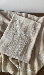 Grey pure mul chanderi kurta piece folded, fine chikankari