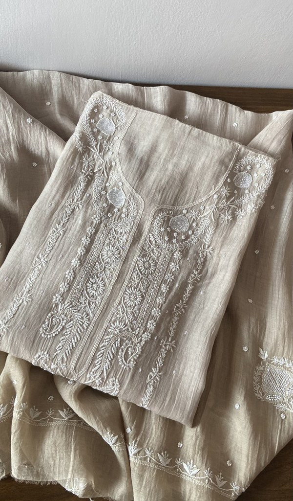 Grey pure mul chanderi kurta piece folded, fine chikankari