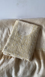 Beige pure tissue chanderi kurta piece folded, do taar and teen taar jaaldar chikankari with zari haath ki
