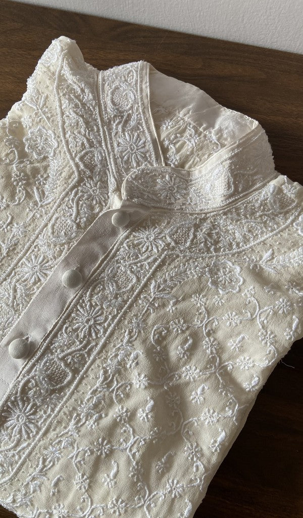White pure silk georgette kurta piece folded, ek and do taar chikankari on front and back of kurta