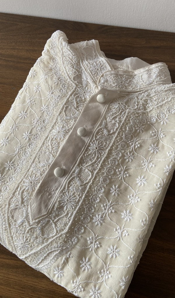 White pure silk georgette kurta piece folded, ek and do taar chikankari on front and back of kurta