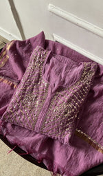 Purple pure mul chanderi kurta piece folded, badla work and mukaish work