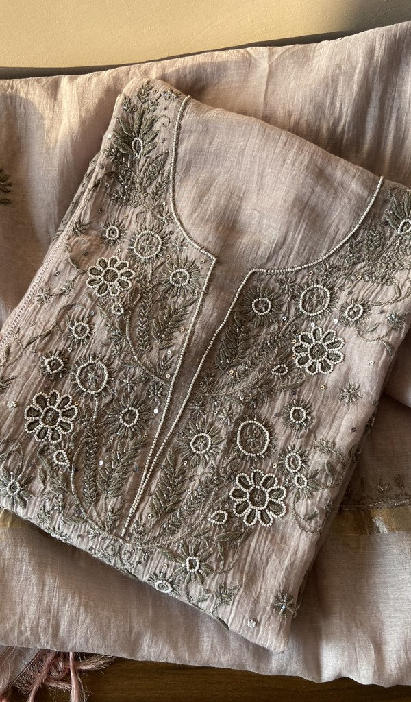 Folded grey mul chanderi kurta, front view