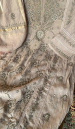 Fine contrast chikankari on the grey mul chanderi