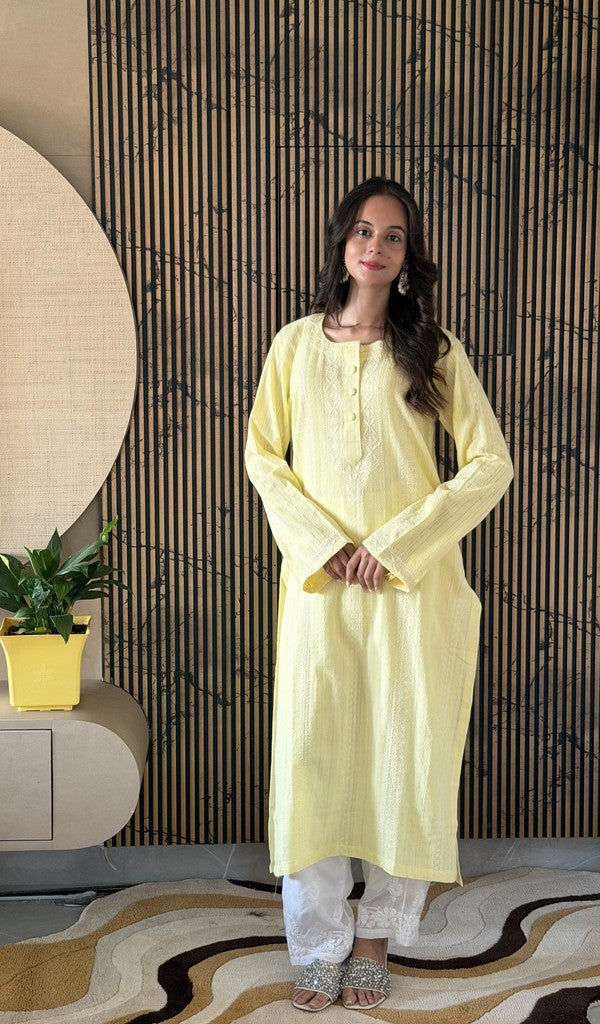 Yellow cotton kurti on the model