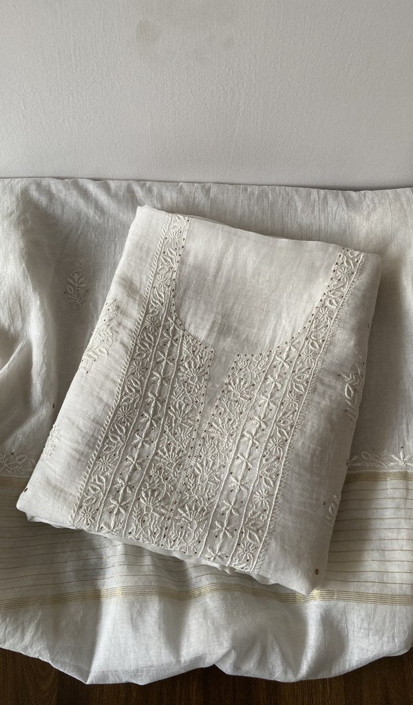 Off white pure mul chanderi kurta piece folded, do taar and teen taar chikankari