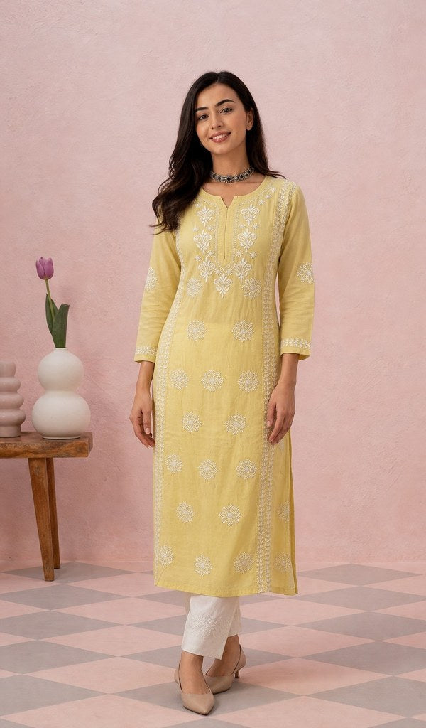 Yellow modal cotton kurti on the model, full length