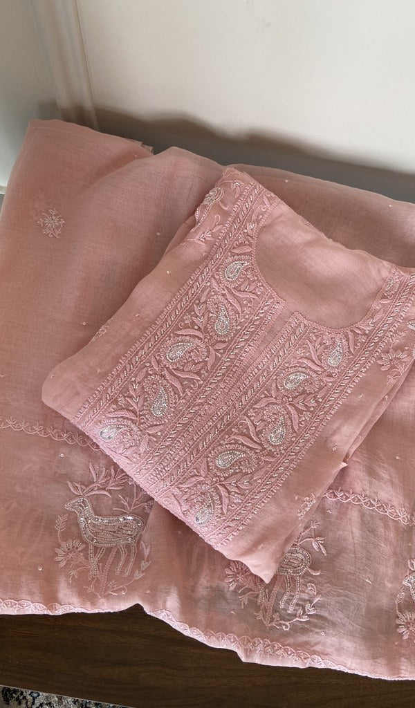 Folded peach pink mul chanderi kurta, gala and neckline work