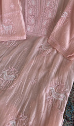 Fine chikankari with deer motifs on the peach pink mul chanderi