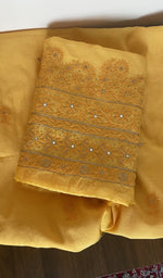 Folded mustard chanderi silk kurta, gala and neckline work