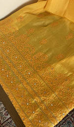 Mustard chanderi silk kurta, close view of the embroidery