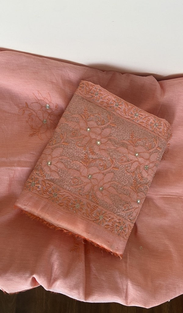 Folded peach chanderi silk kurta, gala and neckline work
