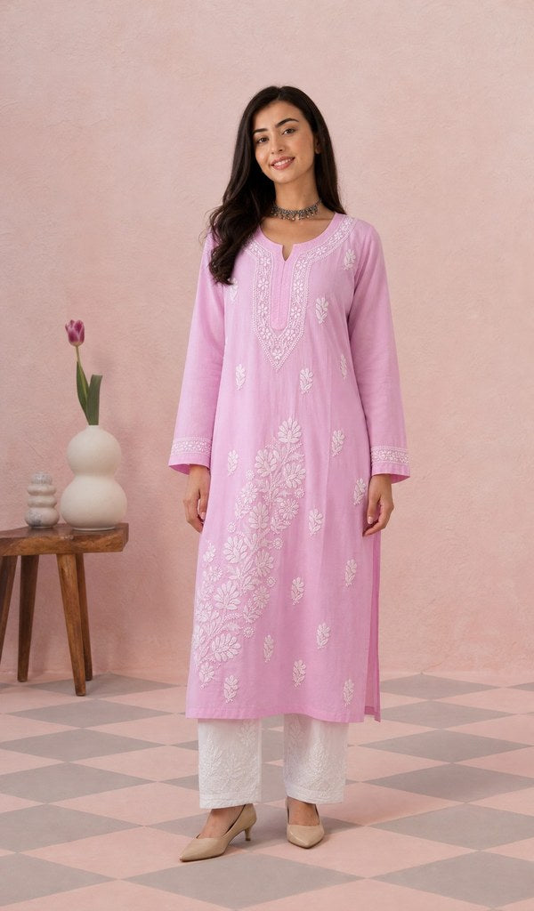 Pink mul cotton kurti on the model, full length
