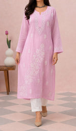 Pink kurti from the front, styled with a white pant