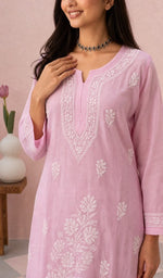 Pink kurti upper body with the neckline chikankari