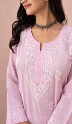 Pink kurti, neckline and yoke embroidery up close