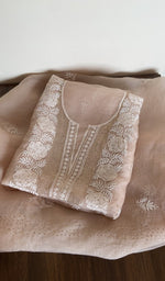 Folded peach organza silk kurta, gala and neckline work