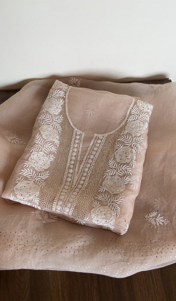 Folded peach organza silk kurta, gala and neckline work