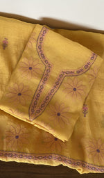 Folded mustard mul chanderi kurta, gala and neckline work