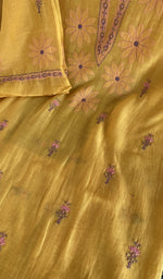 Fine contrast chikankari on the mustard mul chanderi