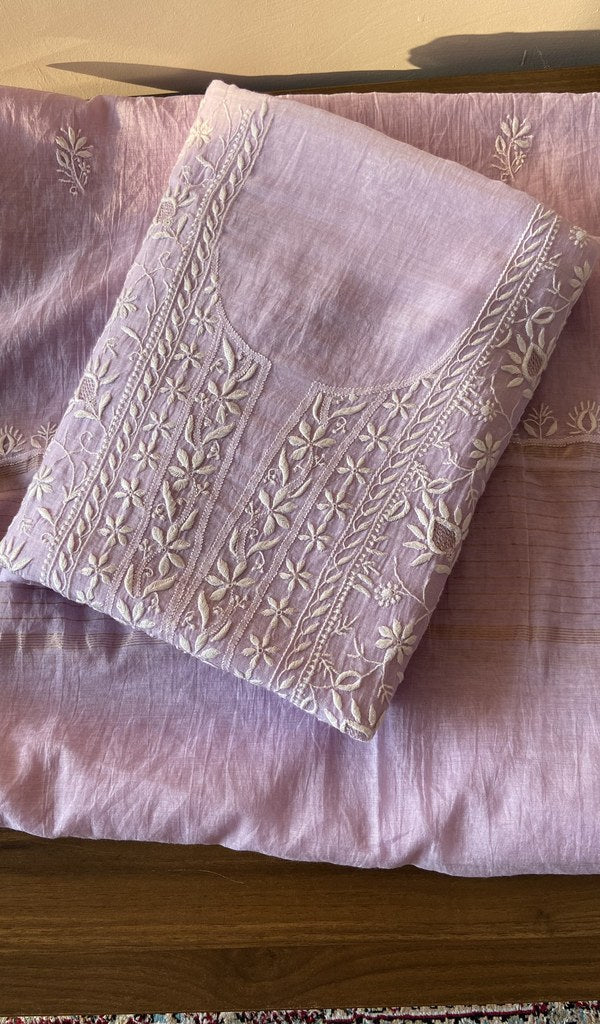 Folded lilac mul chanderi kurta, front view