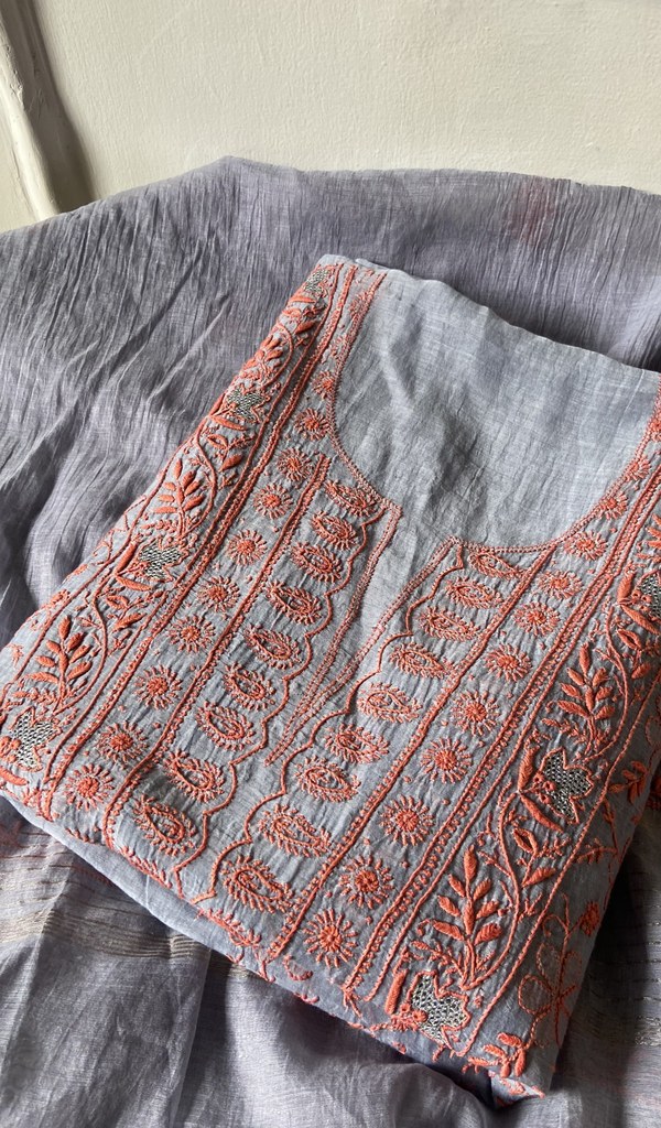 grey pure mul chanderi kurta piece folded, fine do taar and teen taar jaaldar chikankari with zari haat