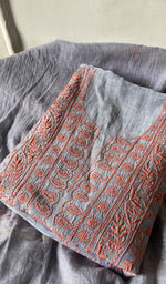 grey pure mul chanderi kurta piece folded, fine do taar and teen taar jaaldar chikankari with zari haat