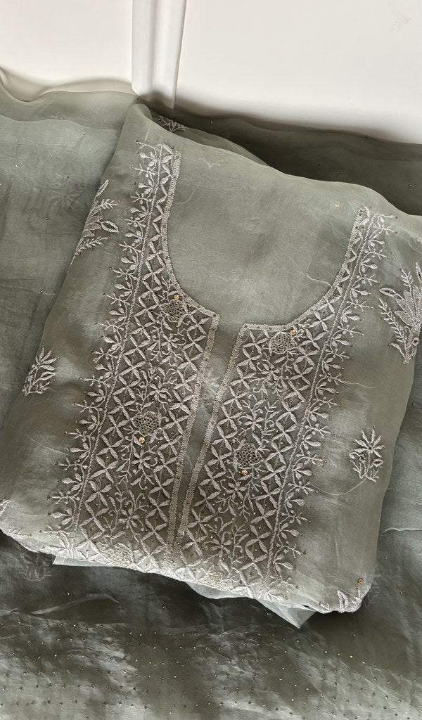 Folded sage grey organza silk kurta, front view