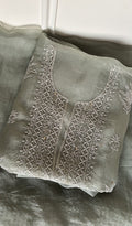 Marjan — Sage Grey Pure Organza Silk Chikankari 2 Pc Unstitched Suit Set