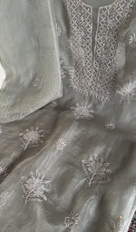 Hand embroidery on sage grey organza silk