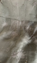Thread work on the sage grey organza silk