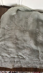 Sage grey organza silk kurta, close view of the embroidery