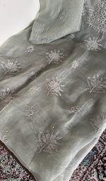 Sage grey organza silk kurta, close view of the embroidery