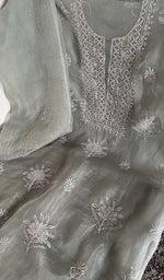 Stitch detail on the sage grey organza silk kurta