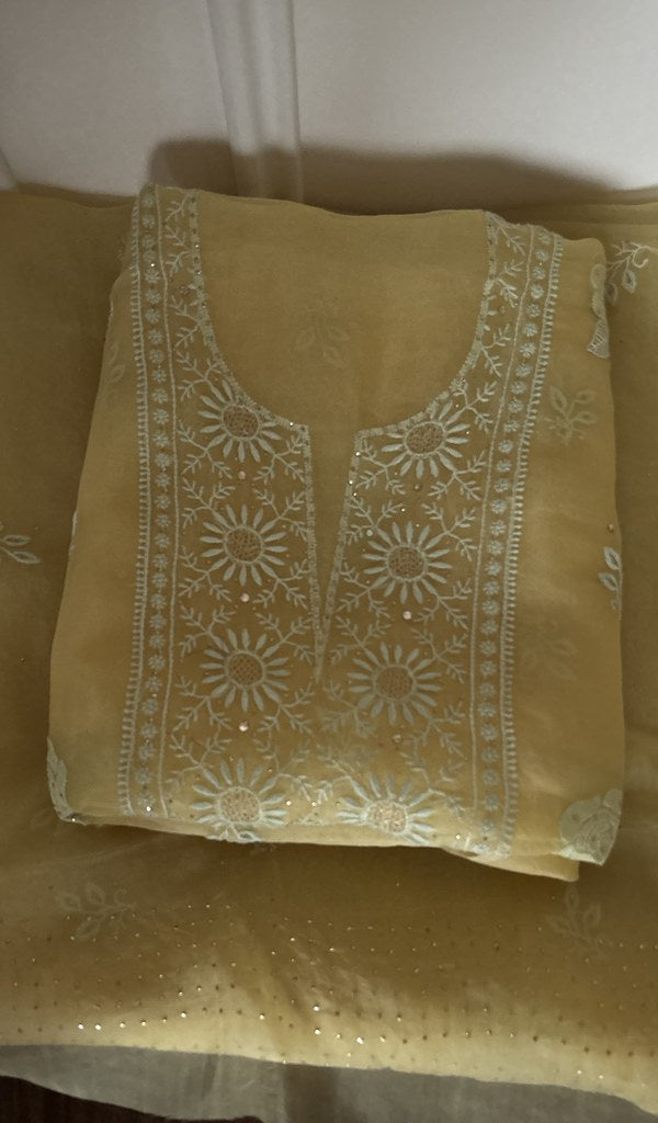 Folded butter yellow organza silk kurta, front view