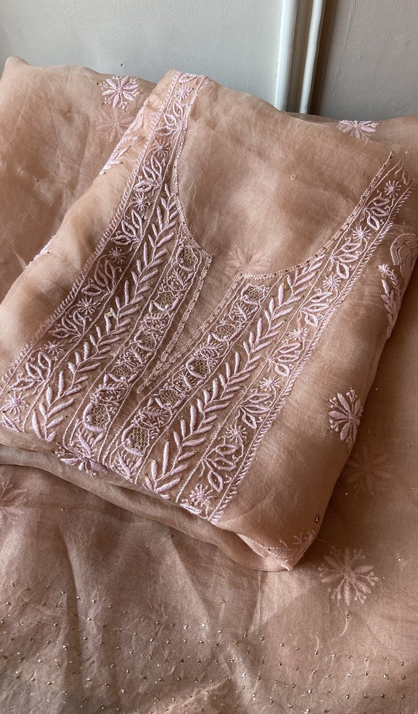 Folded peach organza silk kurta, front view